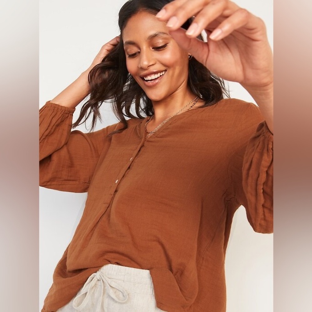 Oversized Crinkle-Texture Linen Blouse Copper Moon / Brown